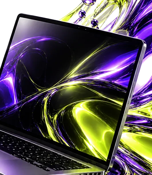 Purple and lime liquid-glass form flowing around a laptop