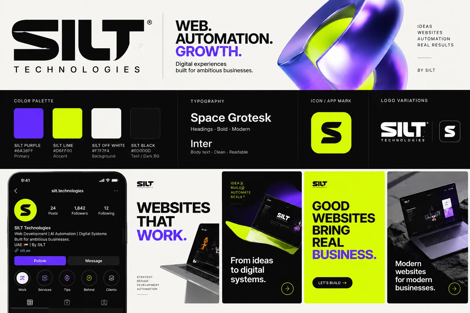 SILT Tech brand colors, typography, and layout board
